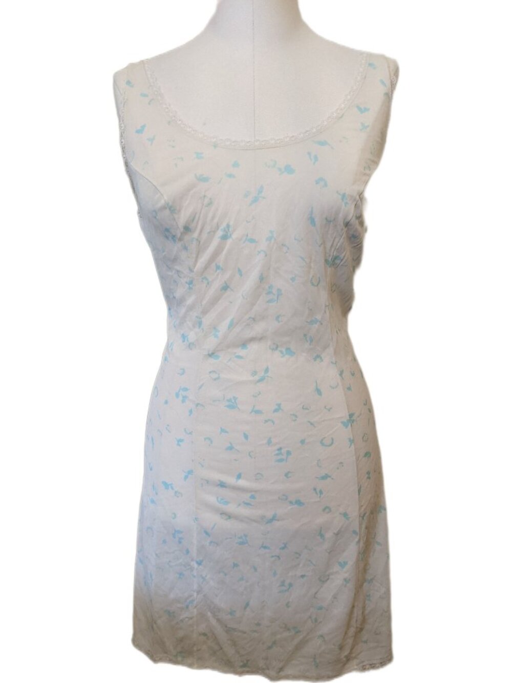 Vintage 60s White Blue Floral Nightgown Sheer Lace Trim Slip Dress Coquette S
